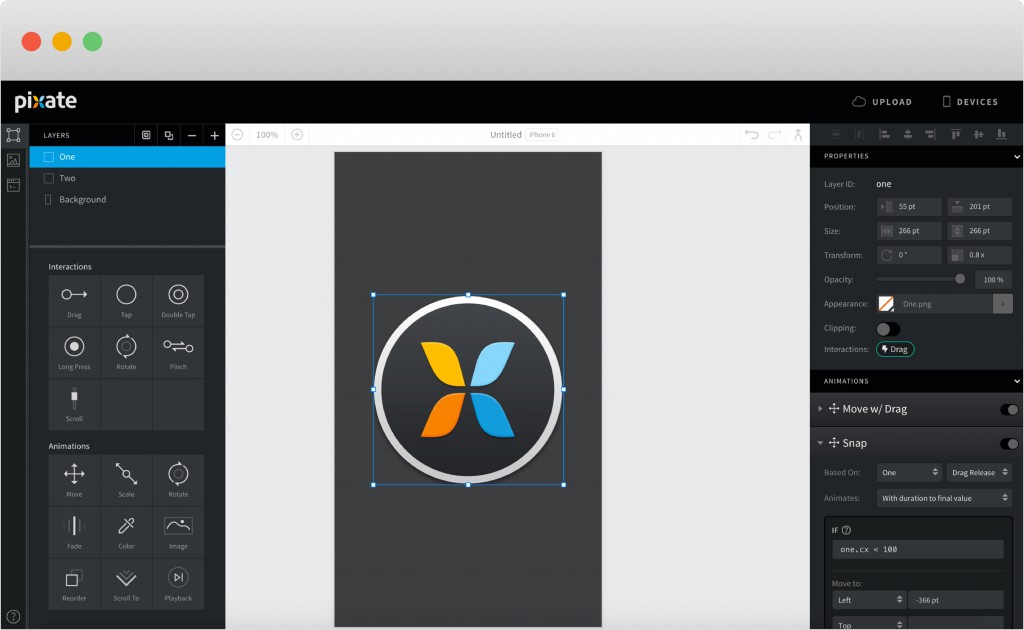 Pixate prototyping tool screenshot