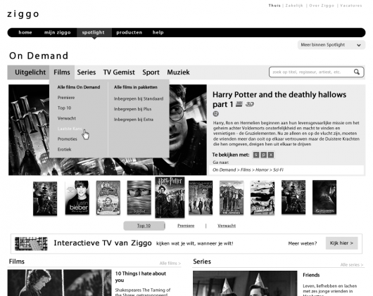 Wireframe voor navigatie op de On Demand home